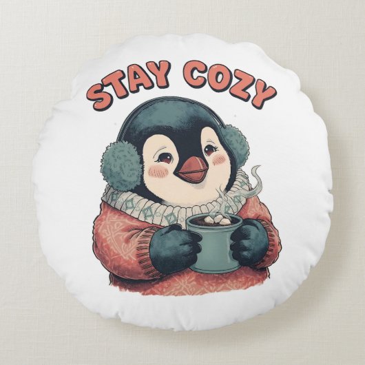 Cute Stay Cozy Penguin Drinking Hot Cocoa Hat ラウンドクッション (正面)