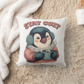 Cute Stay Cozy Penguin Drinking Hot Cocoa T-Shirt クッション (ブランケット)