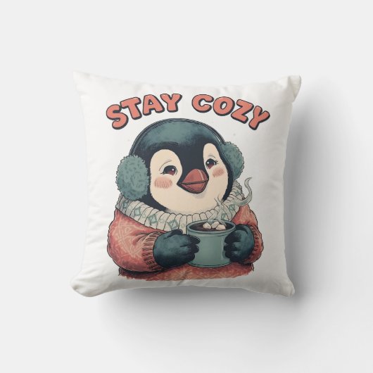 Cute Stay Cozy Penguin Drinking Hot Cocoa T-Shirt クッション (正面)
