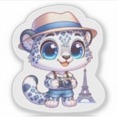 Cute Stickers Snow Leopard Big Cat Paris Travel  シール (正面)