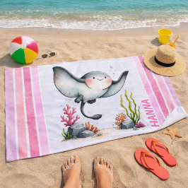 Cute Stingray Underwater Kids’ Beach Design ビーチタオル