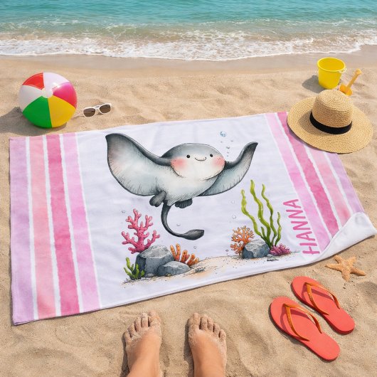 Cute Stingray Underwater Kids’ Beach Design ビーチタオル