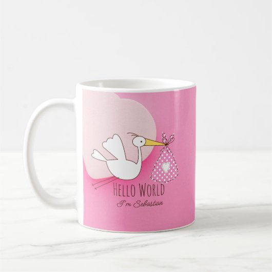 Cute Stork Baby Boy Hello World Sebastian Pink Mug コーヒーマグカップ (左)
