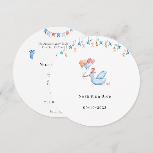 Cute Stork Bird With Balloons Blue Baby Boy Card 招待状 (正面/裏面)