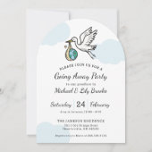 Cute Stork Holding World Going Away 招待状 (正面)