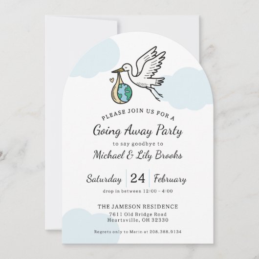 Cute Stork Holding World Going Away 招待状 (正面)