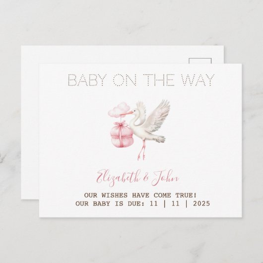 Cute Stork Pink Present 案内ポストカード (正面/裏面)