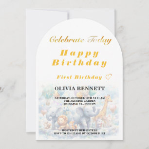 Cute Storybook Animals First Birthday 招待状