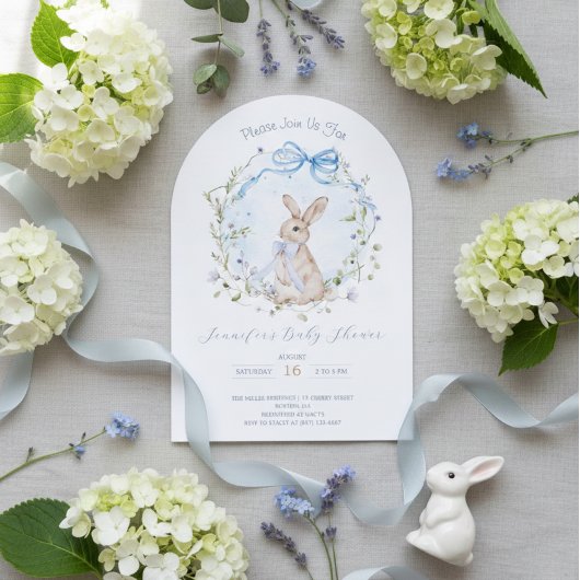 Cute Storybook Bunny Wildflower Wreath Baby Shower 招待状