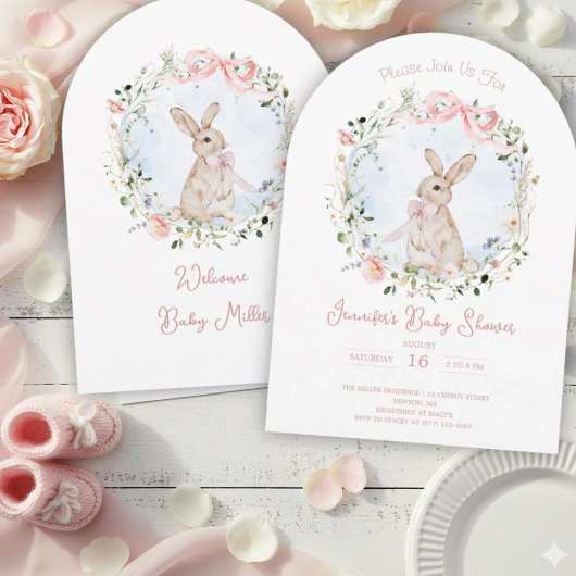 Cute Storybook Bunny Wildflower Wreath Baby Shower 招待状