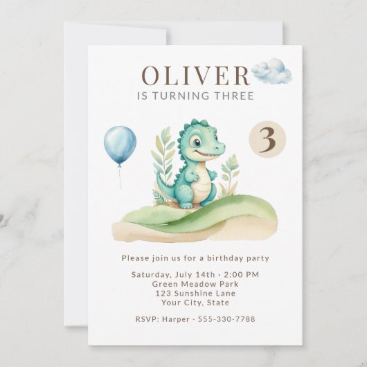 Cute Storybook Dinosaur Birthday Party Invitation 招待状 (正面)