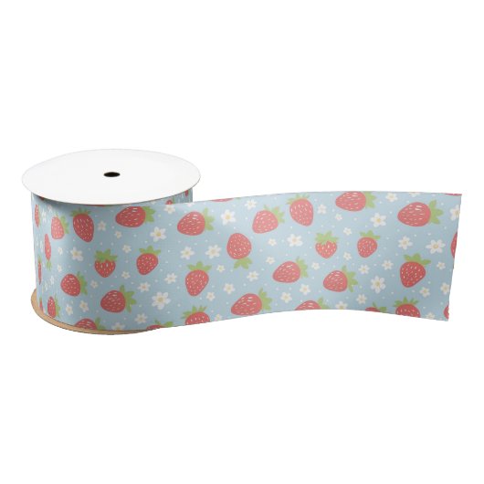 Cute Strawberries & Strawberry Flower Pattern Blue サテンリボン (リール)