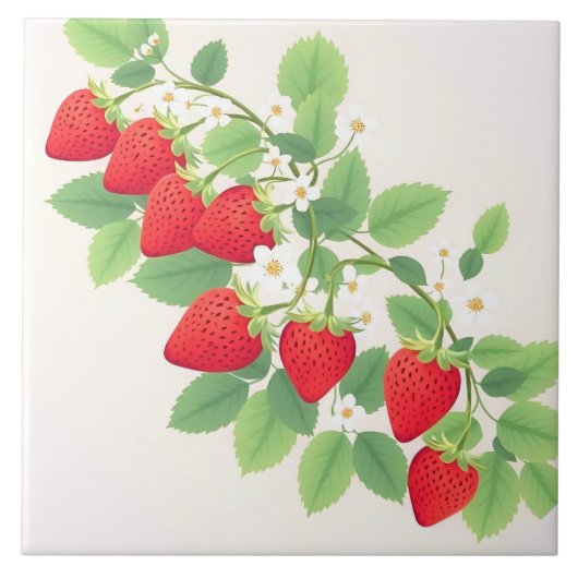 Cute Strawberries With Green Leaves And  Flowers タイル (正面)