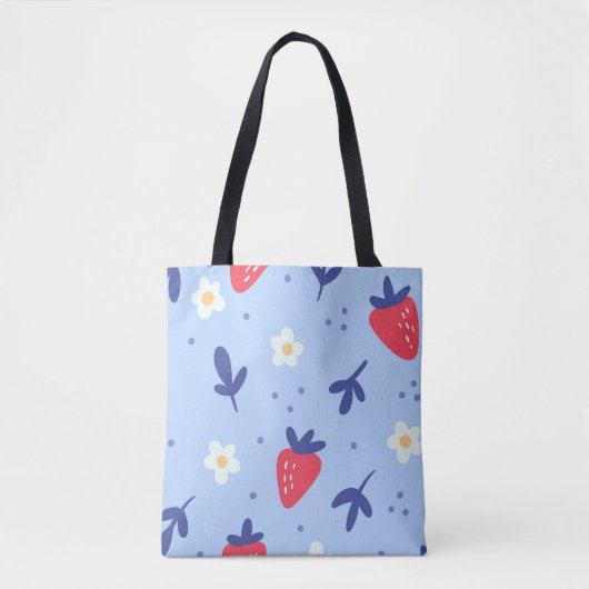 Cute Strawberry and Spring Flower Pattern on Blue トートバッグ (正面)