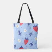 Cute Strawberry and Spring Flower Pattern on Blue トートバッグ (裏面)