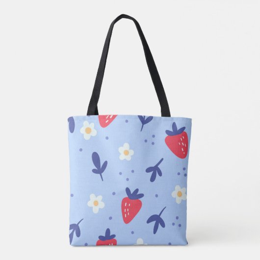 Cute Strawberry and Spring Flower Pattern on Blue トートバッグ (裏面)