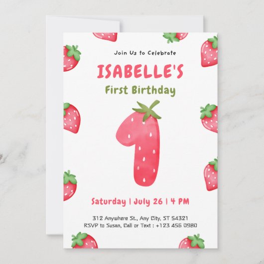 Cute Strawberry Berry 1st Birthday Invitation   招待状 (正面)
