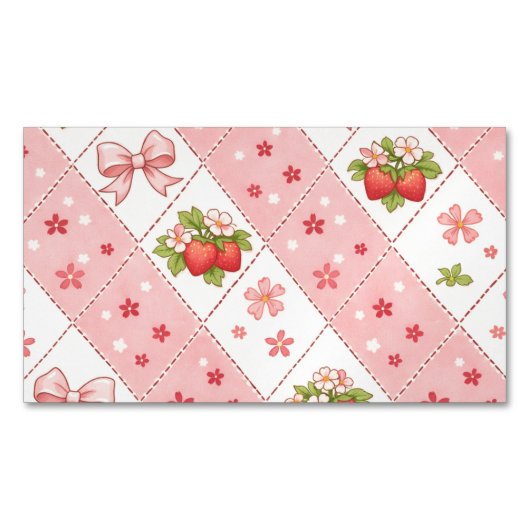 cute strawberry bow floral seamless pattern design マグネット名刺 (正面)