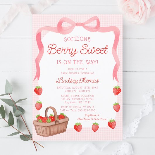 Cute Strawberry Bow Girl Baby Shower 招待状