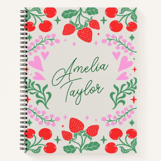 Cute Strawberry Cherry Aesthetic Personalized Name ノートブック (正面)