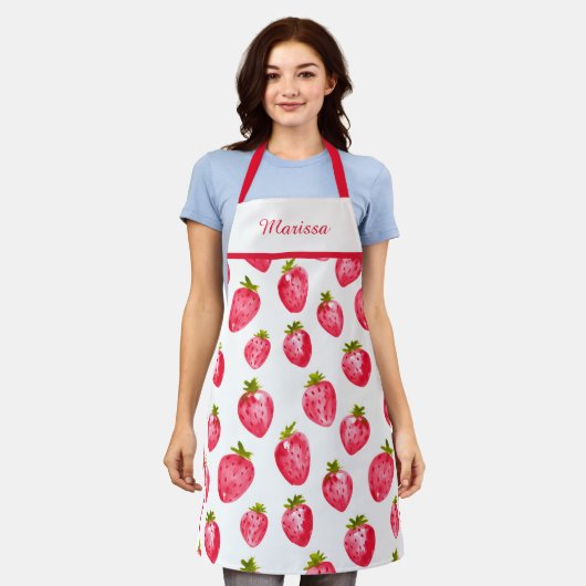 Cute Strawberry Custom Name Apron エプロン (着用した状態)