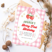 Cute Strawberry Fruit Daisy Berry First Birthday  招待状