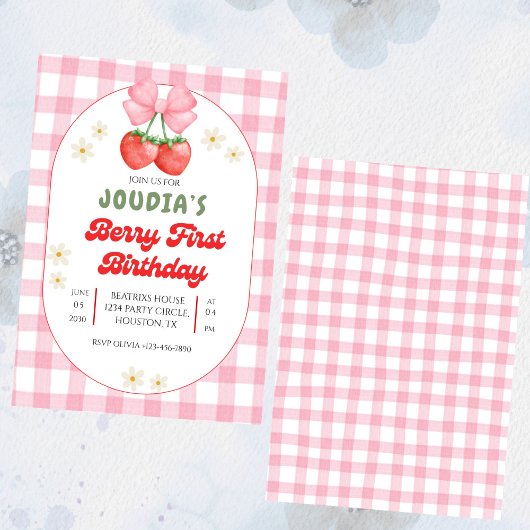 Cute Strawberry Fruit Daisy Berry First Birthday 招待状