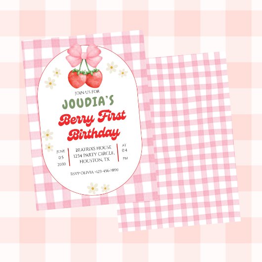 Cute Strawberry Fruit Daisy Berry First Birthday  招待状