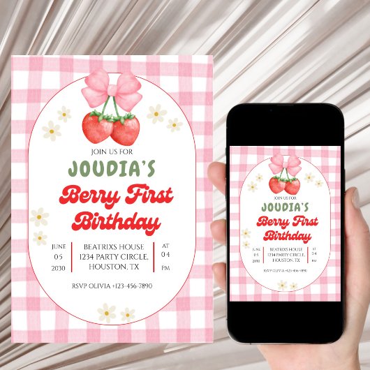 Cute Strawberry Fruit Daisy Berry First Birthday  招待状