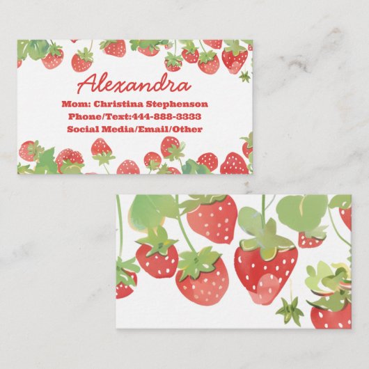 Cute Strawberry Kids Girls Name Play Date Calling 名刺 (正面/裏面)