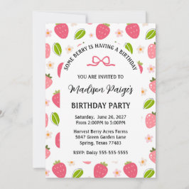 Cute Strawberry Pink Girls Birthday Invitation 招待状