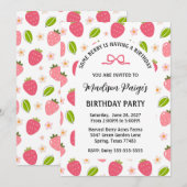 Cute Strawberry Pink Girls Birthday Invitation 招待状 (正面/裏面)