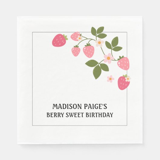Cute Strawberry Pink Girls Birthday Paper Plate スタンダードランチョンナプキン (正面)