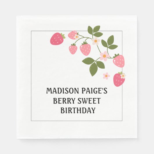 Cute Strawberry Pink Girls Birthday Paper Plate スタンダードランチョンナプキン (正面)