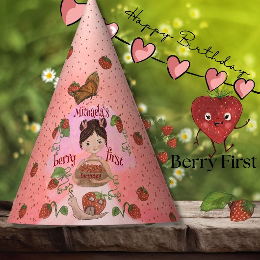 Cute Strawberry Snail & Girl First Birthday Party  パーティーハット