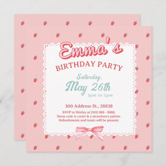 Cute Strawberry Square Invitation 招待状 (正面/裏面)