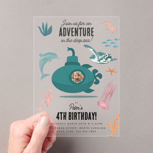 Cute Submarine Deep Sea Birthday Kids Photo アクリル招待状 (インサイチュ (ポータブル))