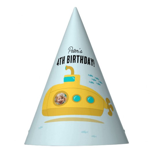 Cute Submarine Deep Sea Birthday Kids Photo パーティーハット (正面)