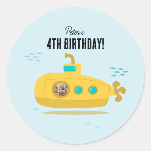 Cute Submarine Deep Sea Birthday Kids Photo ラウンドシール (正面)