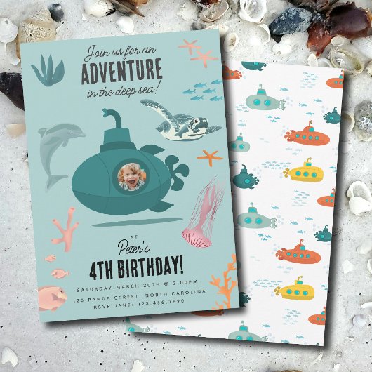 Cute Submarine Deep Sea Birthday Kids Photo 招待状