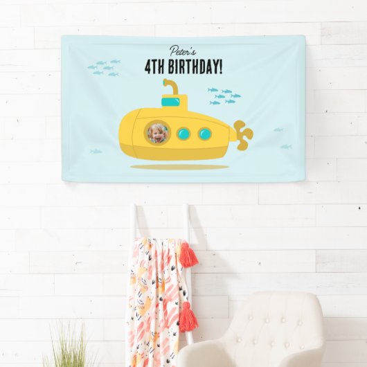 Cute Submarine Deep Sea Birthday Kids Photo 横断幕 (インサイチュ)