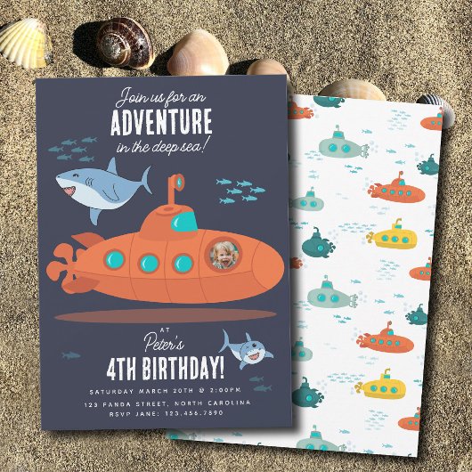 Cute Submarine Deep Sea Birthday Kids Photo Shark 招待状