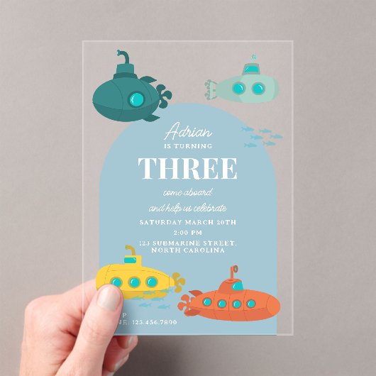 Cute Submarine Deep Sea Kids Birthday Party アクリル招待状 (インサイチュ (ポータブル))