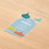 Cute Submarine Deep Sea Kids Birthday Party アクリル招待状 (レイダウン)