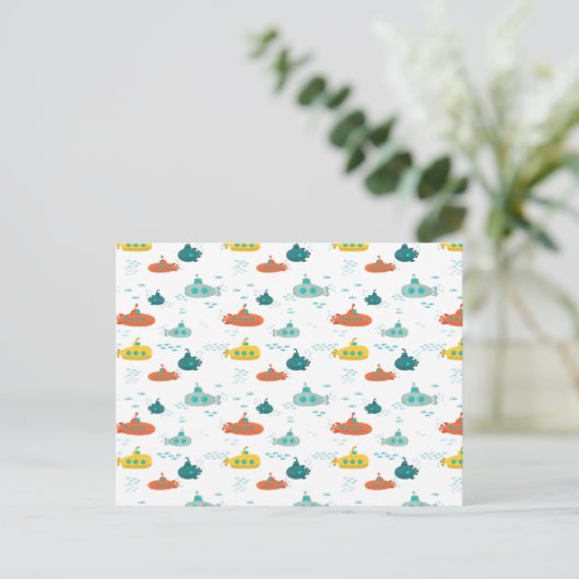 Cute Submarine Nautical Deep Sea Fish Pattern ポストカード (スタンド正面)