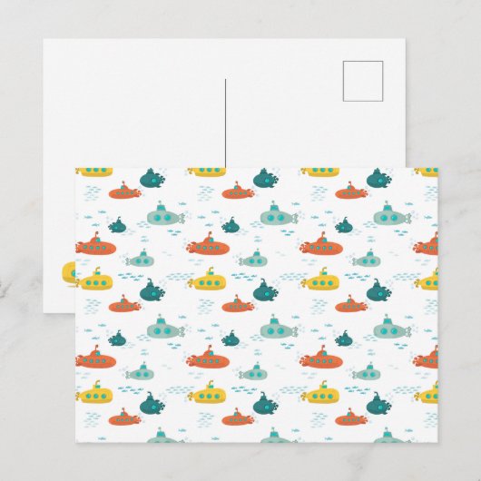 Cute Submarine Nautical Deep Sea Fish Pattern ポストカード (正面/裏面)
