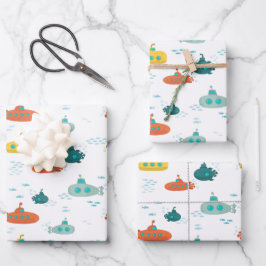 Cute Submarine Nautical Deep Sea Fish Pattern ラッピングペーパーシート