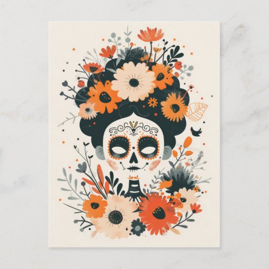 Cute Sugar Skull with Flowers Day of The Dead ポストカード (正面)