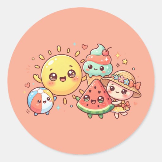 Cute Summer Friends Sticker Sheet ラウンドシール (正面)