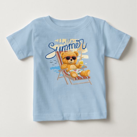 Cute Summer Teddy Bear on Beach - Baby & Toddler S ベビーTシャツ (正面)